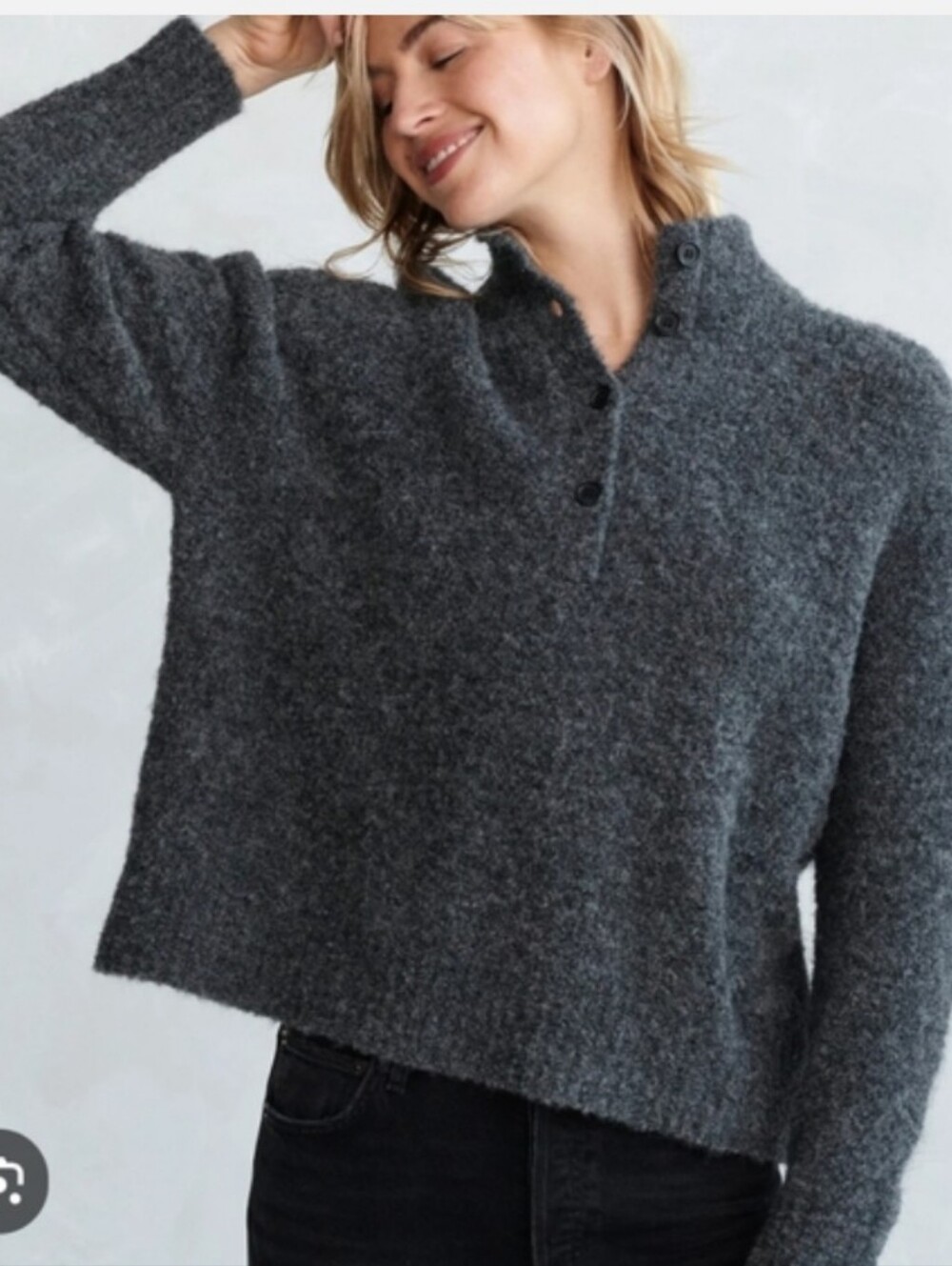 Jenni Kayne Alpaca Merino Boucle Half Button Pullover In Charcoal Gray Large